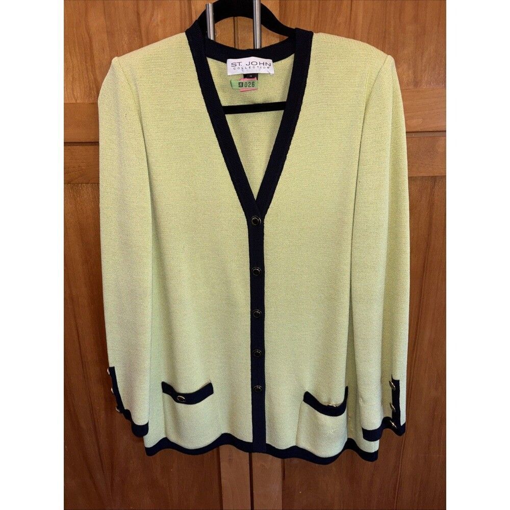 St. John Collection Cardigan12 Mint Navy Trim Knit Vintage Designer Pockets